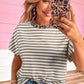 Khaki Stripe Leopard Patchwork Round Neck Loose T Shirt
