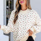 Beige Ribbed High Neck Patchwork Floral Print Baggy Pullover Sweatshirt