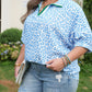 Sky Blue Striped V Neckline Half Sleeve Plus Size Leopard Blouse