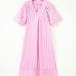 Pink Stripe V Neck Short Sleeve Shift Long Dress