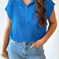 Sky Blue Solid Color Hollowed Knit Short Sleeve Zipper Collar Knitwear Top