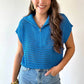 Sky Blue Solid Color Hollowed Knit Short Sleeve Zipper Collar Knitwear Top