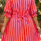 Rose Stripe Frilled Collar Button Neck Short Sleeve Curvy Mini Dress