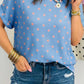 Sky Blue Raised Rib Polka Dot Print Cuffed Short Sleeve Top