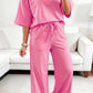 Yellow Cream Lace Patchwork Half Sleeve Top Elastic Waist Pants Two Piece Set