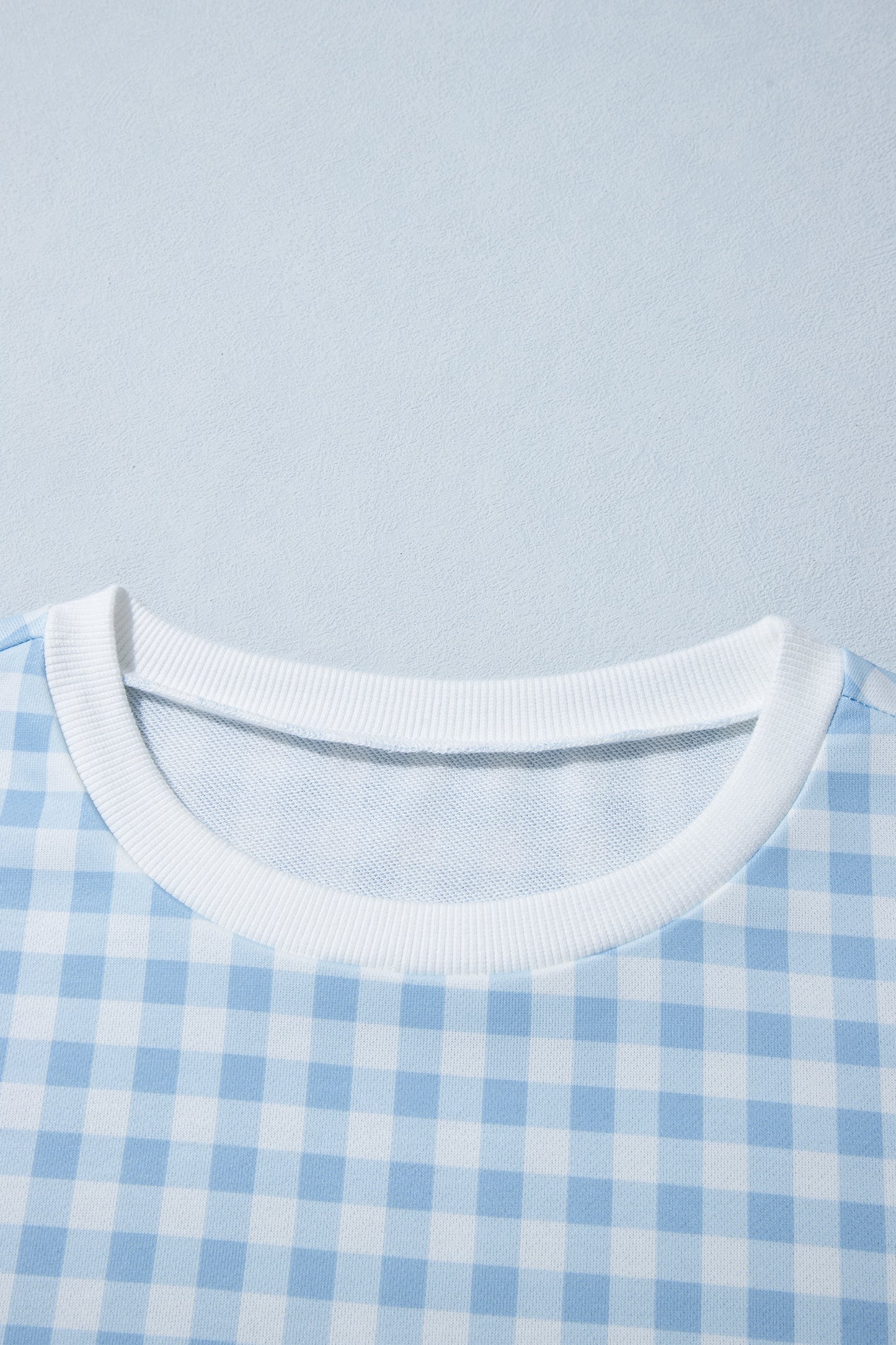 Light Blue Plaid Round Neck Long Sleeve Sweatshirt