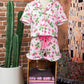 Pink Striped Strawberry Print Lapel Shirt Drawstring Shorts 2pcs Pajama Set