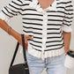 Beige Stripe Ruffle Trim Button Down Knit Short Sleeve Sweater Cardigan