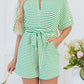 Green Stripe Textured Short Sleeve Collared Buttoned Waist Tie Romper