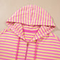Rose Red Striped Long Sleeve Zip-Up Hoodie Drawstring Elastic Waist 2pcs Short Set