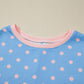 Sky Blue Raised Rib Polka Dot Print Cuffed Short Sleeve Top