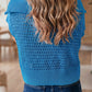 Sky Blue Solid Color Hollowed Knit Short Sleeve Zipper Collar Knitwear Top