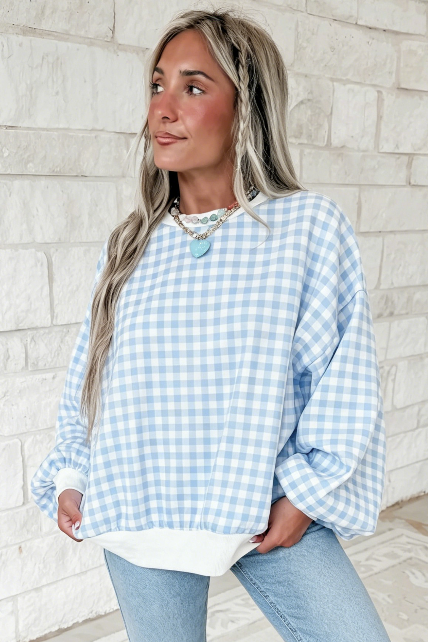 Light Blue Plaid Round Neck Long Sleeve Sweatshirt