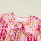 Pink Plus Size Floral Print V Neck Tie Front Short Sleeve Tunic Top