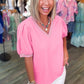 Mint Green Solid Color V Neck Short Puff Sleeve Blouse