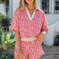 Khaki V Neck Collar Leopard Printed 2pcs Short Set