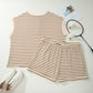 Brown Stripe Plus Size Half Buttons Top and Shorts Set