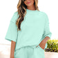 Yellow Cream Solid Color Exposed Seam Mock Neck Oversize Tee Casual Shorts 2pcs Outfit