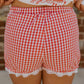Red Gingham Plaid Tie Elastic Waist Lace Patchwork Hem Casual Shorts