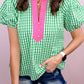 Green Gingham Plaid Bubble Sleeve Colorblock Trim V Neck Blouse