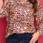 Brown Plus Size Leopard Frilled Stand Neck Blouse