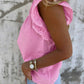 Bonbon Lace Detail Flutter Sleeve Pleated Round Neck Blouse