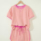 Pink Stripe Relaxed Short Sleeve Top Elastic Waist Drawstring Skort 2pcs Set