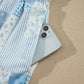 Sky Blue Patchwork Floral Print Drop Shoulder Baggy Pullover Drawstring Shorts Set