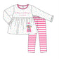 A children's two-piece outfit set shown as a flat illustration on a white background. The top is a long-sleeve white dress with pink trim, scattered pastel polka dots, and a pink gumball machine graphic with the words 'Bubble gum bubble gum madish.