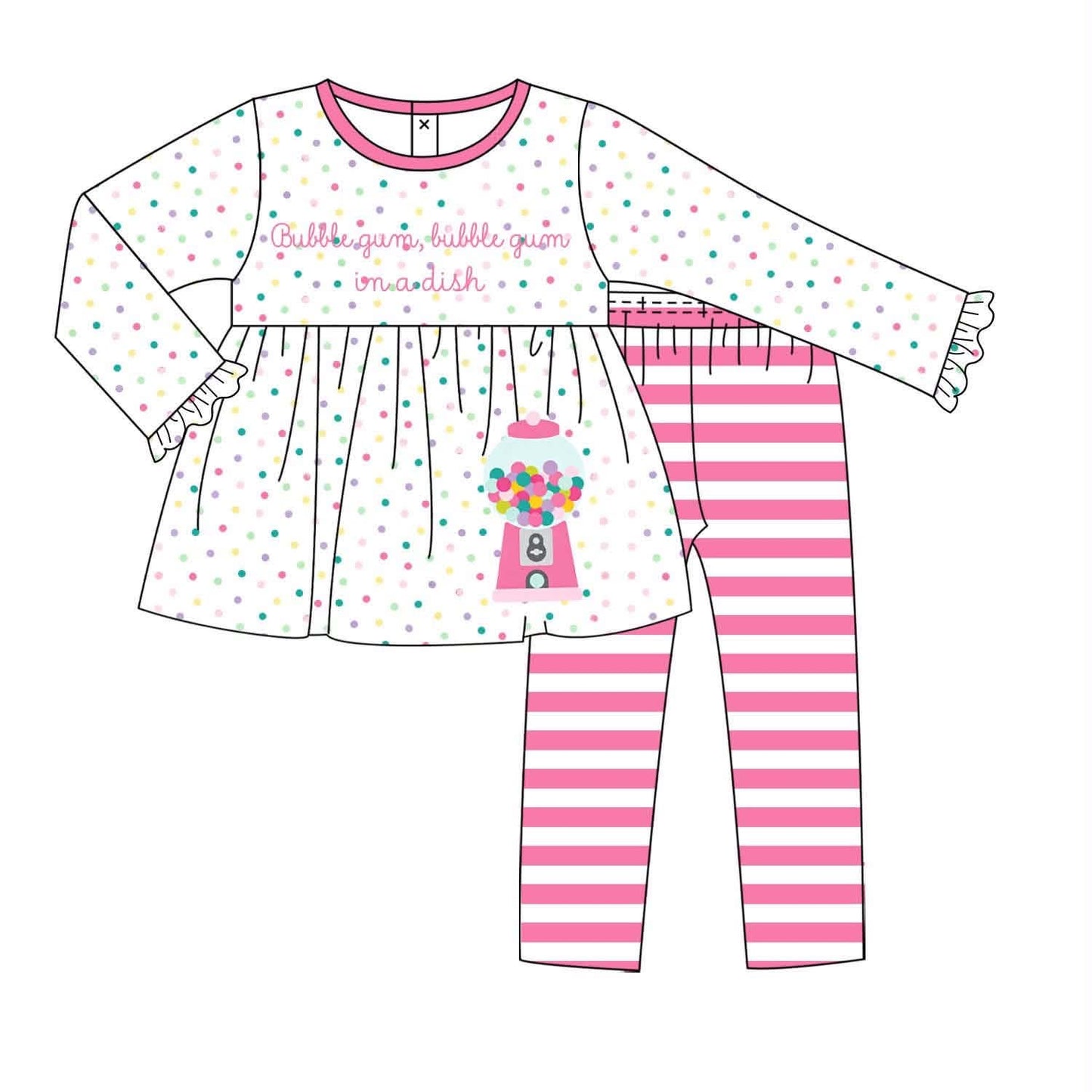 A children's two-piece outfit set shown as a flat illustration on a white background. The top is a long-sleeve white dress with pink trim, scattered pastel polka dots, and a pink gumball machine graphic with the words 'Bubble gum bubble gum madish.