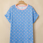 Sky Blue Raised Rib Polka Dot Print Cuffed Short Sleeve Top