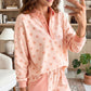 Pink Polka Dot Drop Shoulder Polo Loose Pullover Patch Pocket Casual Shorts Set