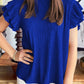 Rose Red Solid Color Textured Ruffle Trim Short Sleeve Blouse