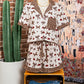White Chic Bow Cherry Printed Leopard Contrast Patchwork Shirt Drawstring Shorts 2pcs PJ Set