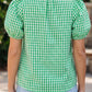 Green Gingham Plaid Bubble Sleeve Colorblock Trim V Neck Blouse