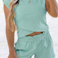 Mist Blue Solid Short Sleeve Elastic Waist Pocket Casual Two Piece Short Set