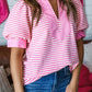 Pink Stripe Color Block Detail Split Neck Short Sleeve Blouse
