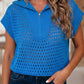 Sky Blue Solid Color Hollowed Knit Short Sleeve Zipper Collar Knitwear Top