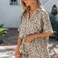 Khaki V Neck Collar Leopard Printed 2pcs Short Set