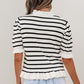 Beige Stripe Ruffle Trim Button Down Knit Short Sleeve Sweater Cardigan
