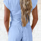 Mist Blue Solid Short Sleeve Elastic Waist Pocket Casual Two Piece Short Set