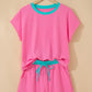 Yellow Cream Soft Ribbed Color Block Trim Casual Short Set