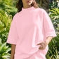 Yellow Cream Solid Color Exposed Seam Mock Neck Oversize Tee Casual Shorts 2pcs Outfit