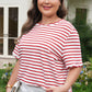Red Stripe Plus Size Scalloped Trim Round Neck Short Sleeve Top