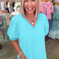 Mint Green Solid Color V Neck Short Puff Sleeve Blouse