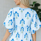 Sky Blue Floral Print Tie Neck Puff Sleeve Blouse