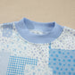 Sky Blue Patchwork Floral Print Drop Shoulder Baggy Pullover Drawstring Shorts Set