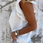 Bonbon Lace Detail Flutter Sleeve Pleated Round Neck Blouse