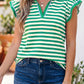 Rose Stripe Contrast Trim Polo Collar Ruffled Short Sleeve Blouse