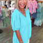 Mint Green Solid Color V Neck Short Puff Sleeve Blouse
